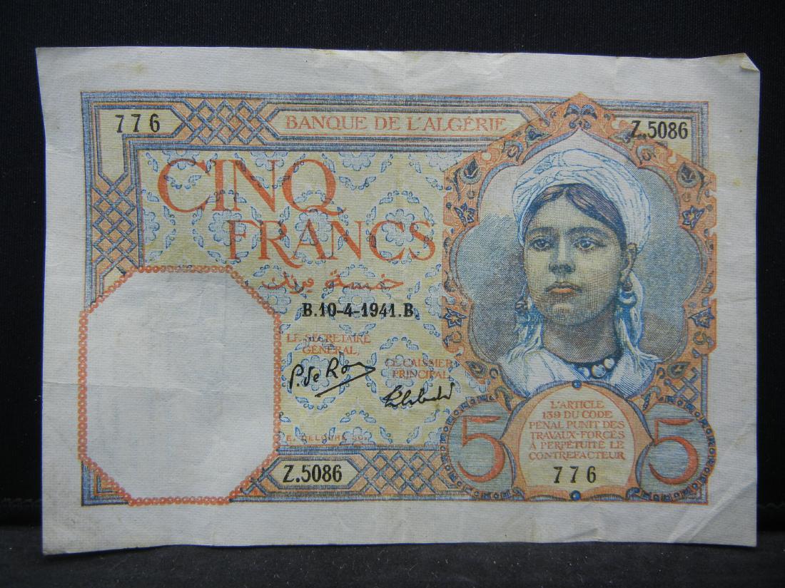 1941 5 Franc Algeria Bank Note.  Serial # Z5086 (1 of 3)