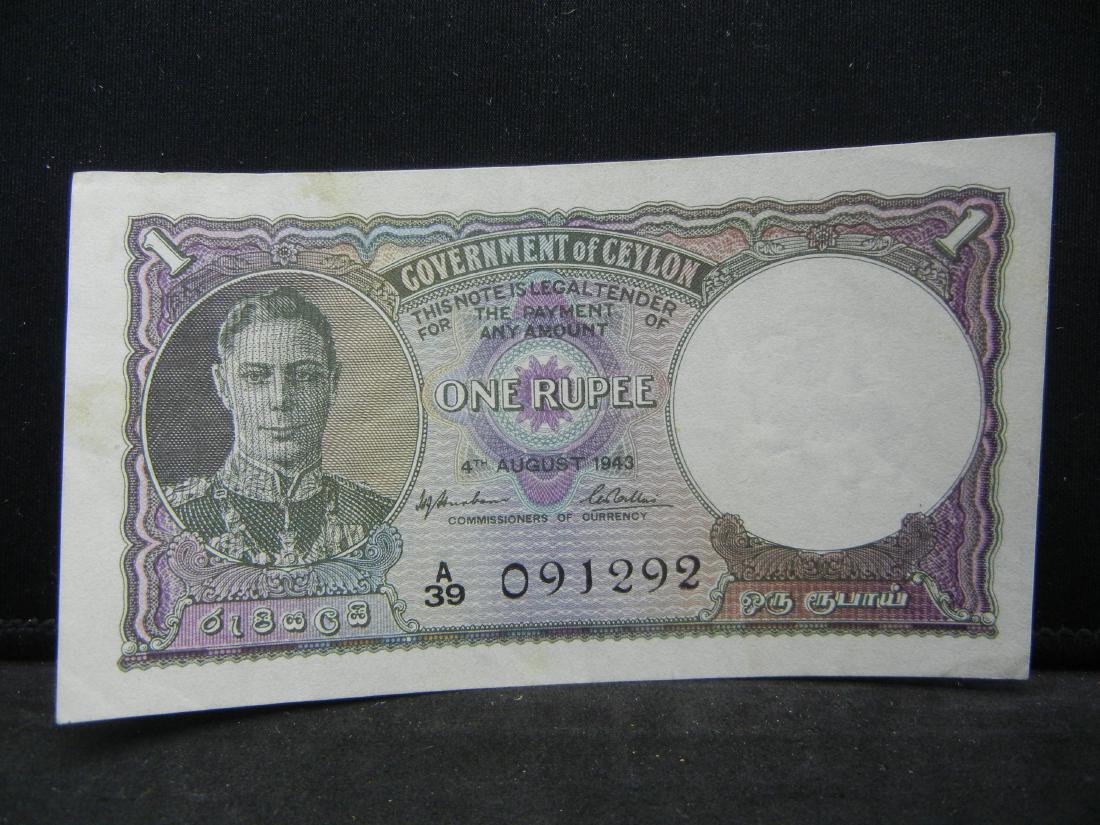 1943 Ceylon 1 Rupee Bank Note, Serial # A39 091292 (1 of 3)