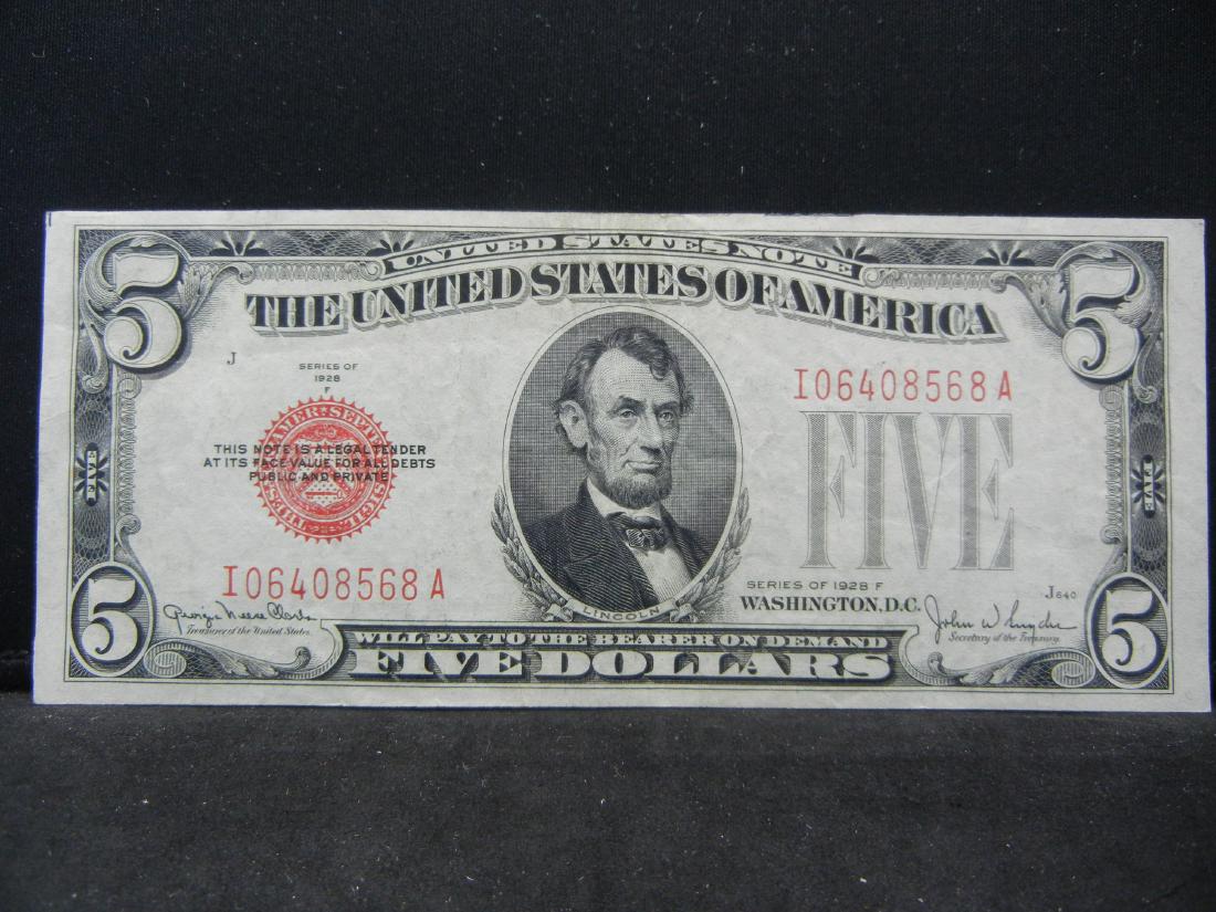 1928-F $5 US Red seal Note. Extremely Fine (1 of 3)