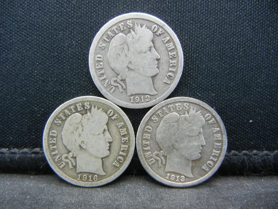 (3) SILVER (90%) BARBER DIMES (1912/1913 & 1916/OVER (1 of 2)