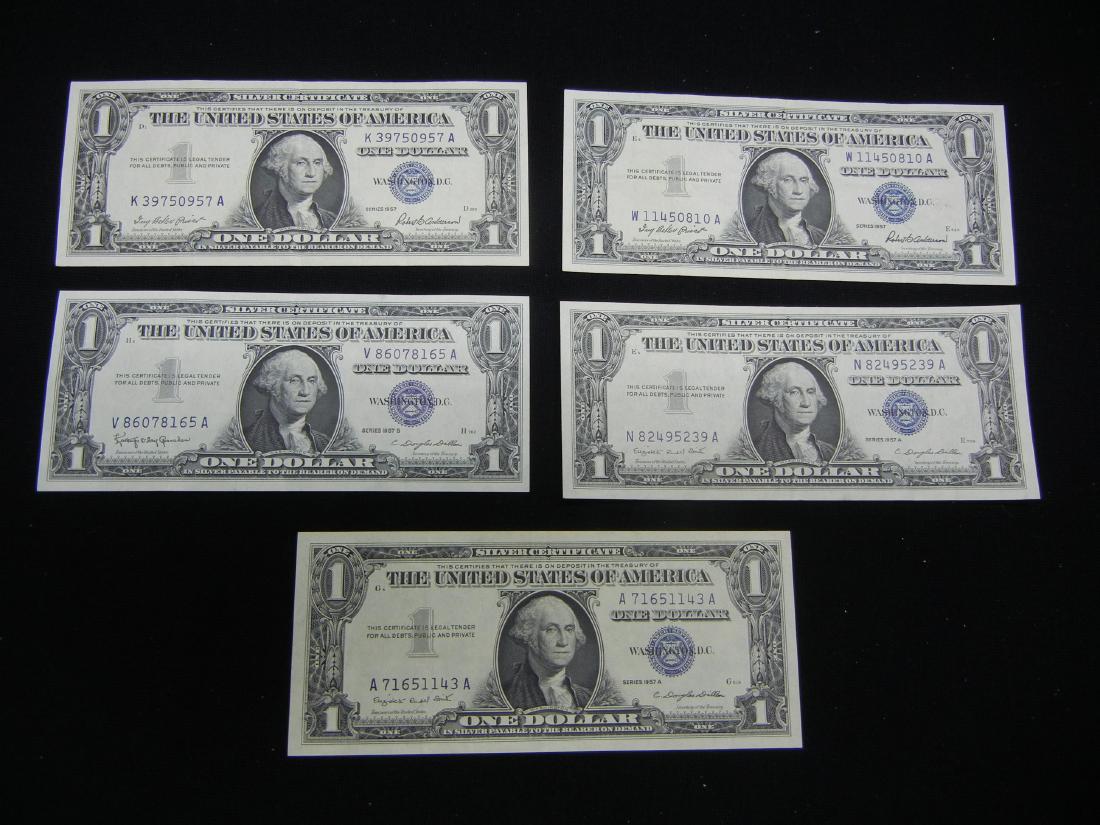 5-1957 $1 Blue Seal Silver Certificates.  Nice Crisp (1 of 5)