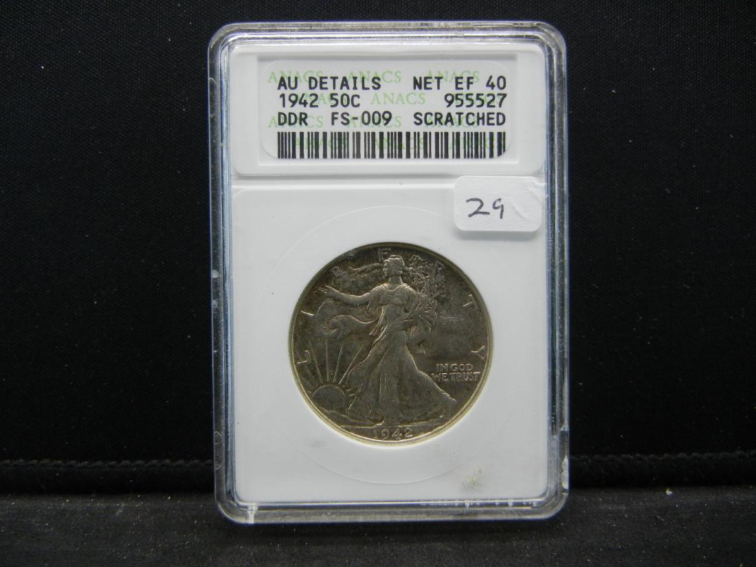 Error Alert. 1942 Walker. 1942 Doubled Die Reverse.: Error Alert. 1942 Walker. 1942 Doubled Die Reverse. Slabbed by ANACS as AU details, Net ER 40, scratched. A very desirable coin.