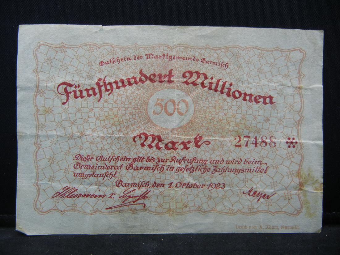 1923 German 500 Million Mark Notgeld, Town of Garmisch. (1 of 2)