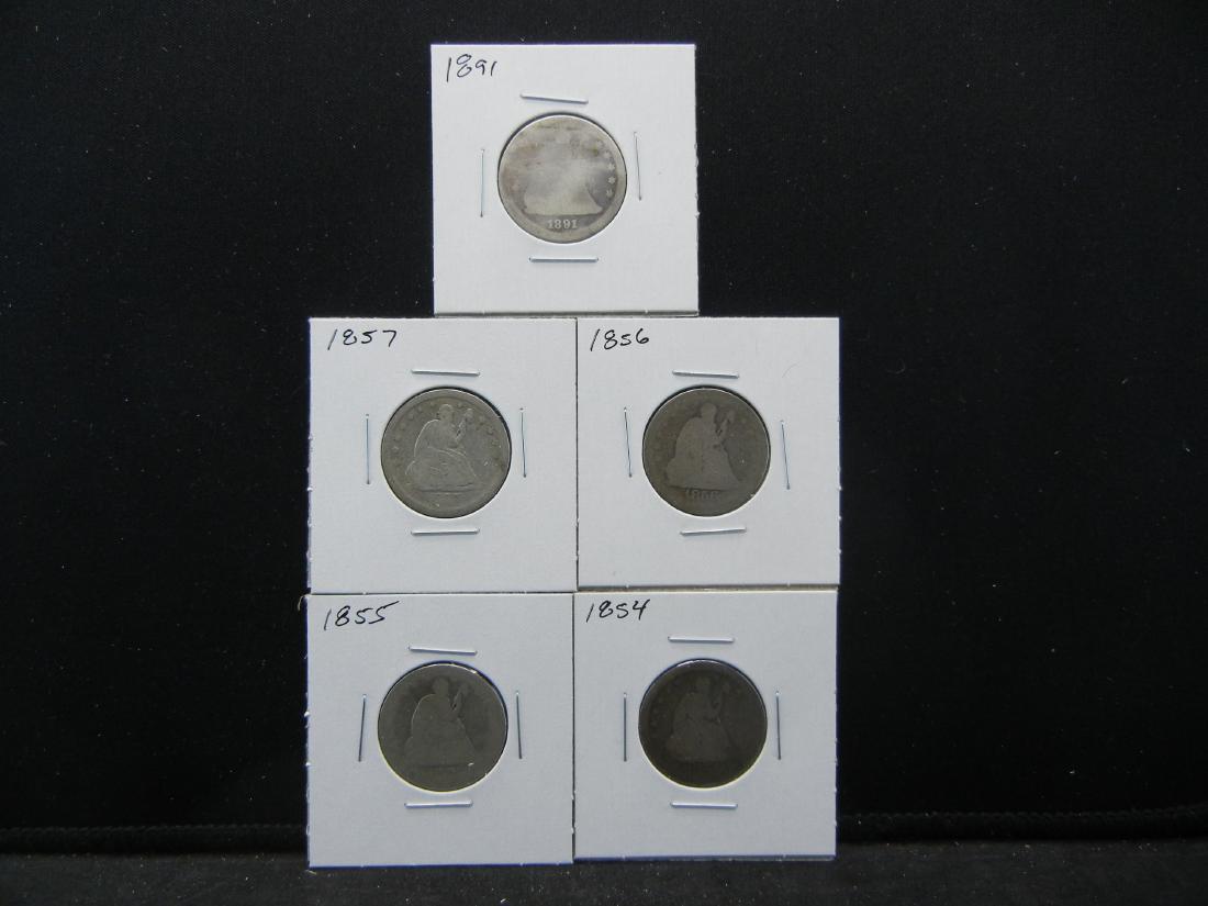 5 Seated Quarter  in 2x2's.  1854,1855,1856,1857,1891 (1 of 5)