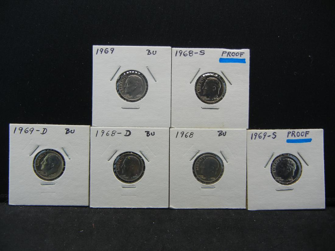 1968 + 1969 - P, D, + Proof Roosevelt Dime  in 2X2's (1 of 7)