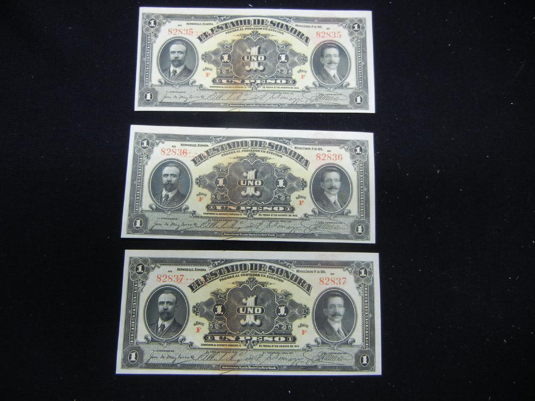 1915 Mexico-Sonora 1 Peso Notes.  3 Consecutive Serial (1 of 5)