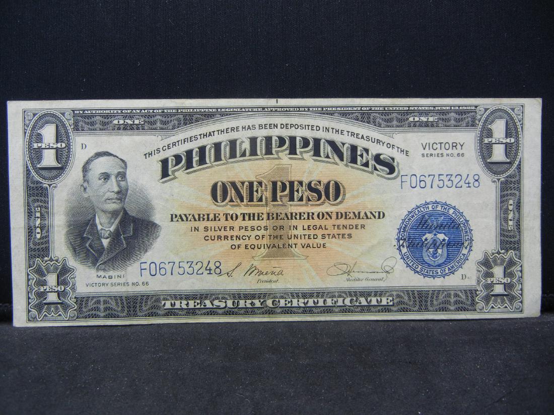 1944 Philippines 1 Peso "Victory".  Crisp AU. (1 of 2)