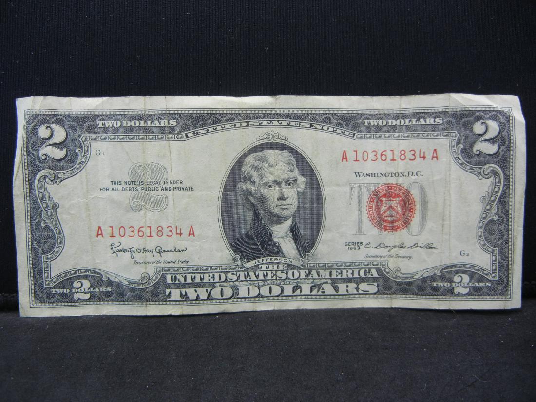 $2 Bill, (Series 1963) Red Seal, 56 Years Old, HIGH (1 of 3)