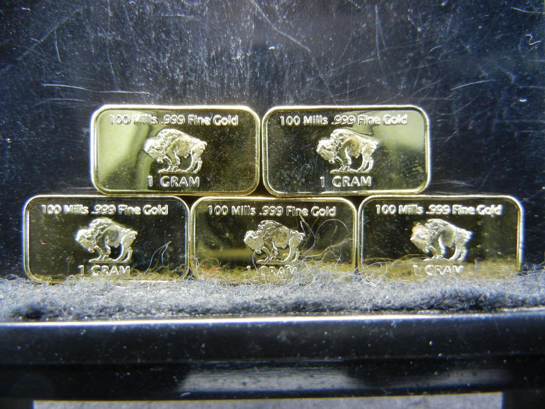 5 one Gram 100 Mills .999 Fine Gold Buffalo Collector: 5 one Gram 100 Mills .999 Fine Gold Buffalo Collector Bars Clad