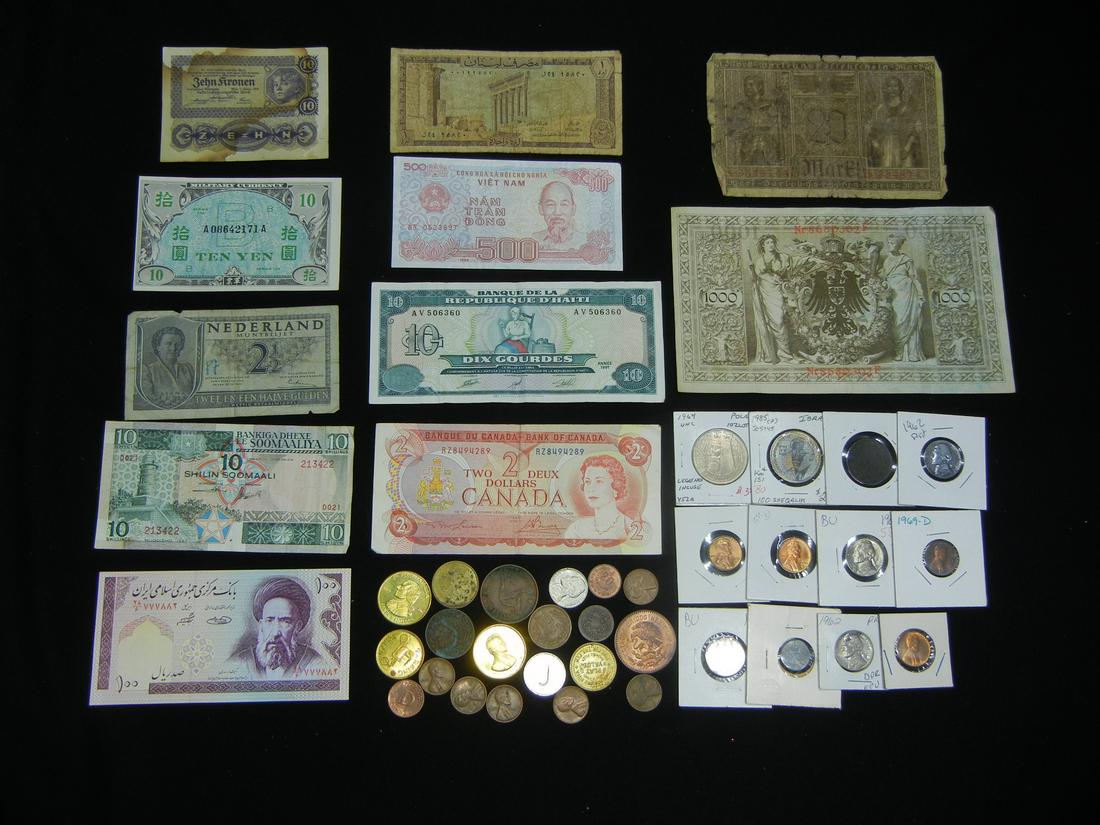 Misc. Lot of Foreign Currency and Coins. US and Tokens. (1 of 7)