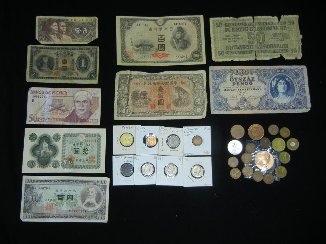 Misc. Lot of Foreign Currency and Coins. US and Tokens. (1 of 6)