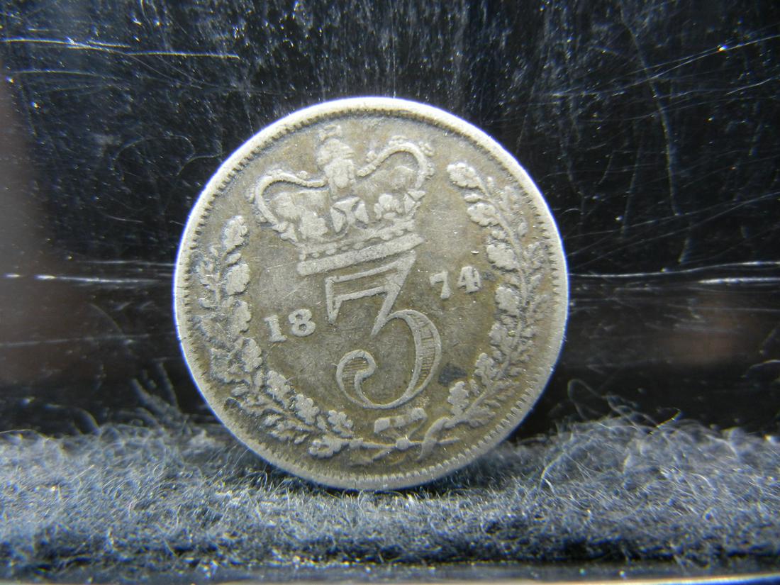 1874 Great Britain 3 Pence 92.5% Sterling Silver Coin. (1 of 2)