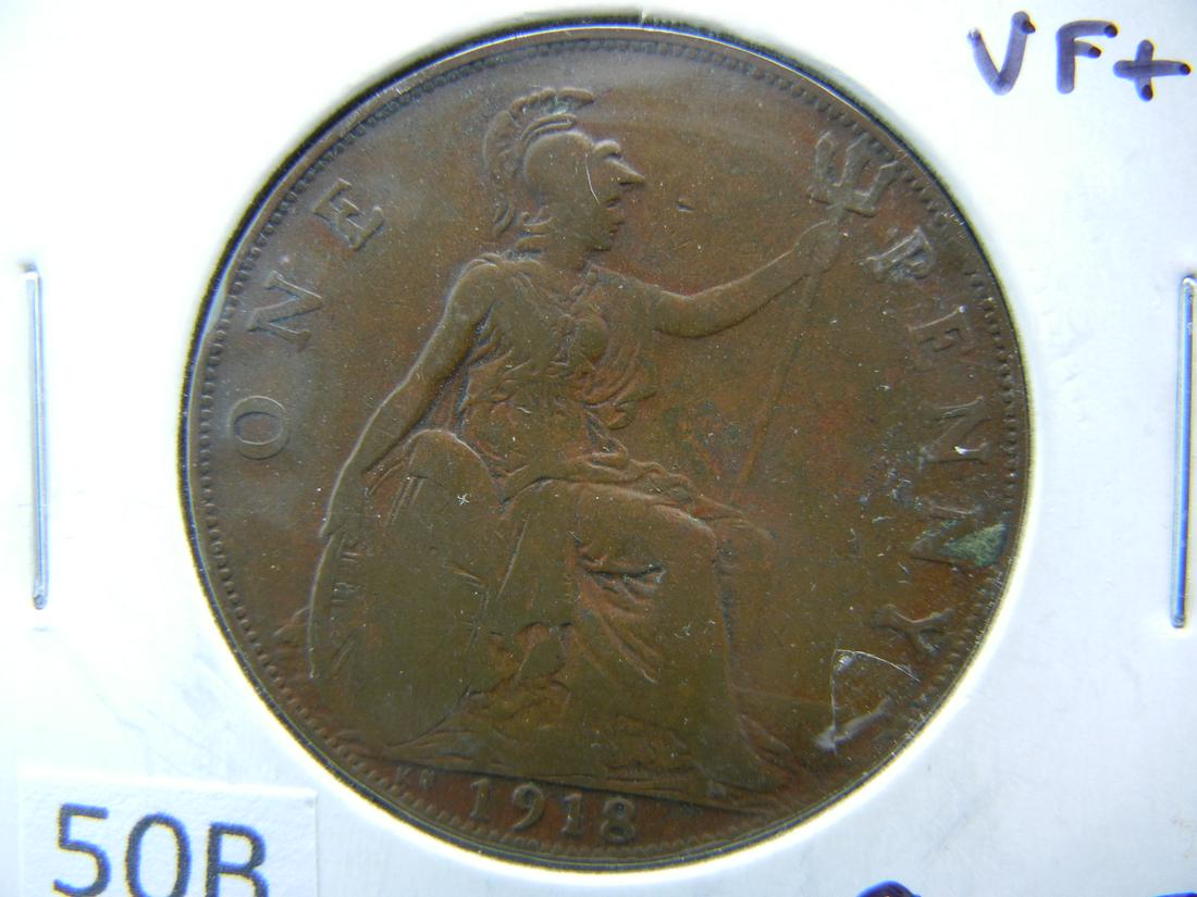 1918 Great Britain Penny.  VF+.  Scarce Date. (1 of 3)