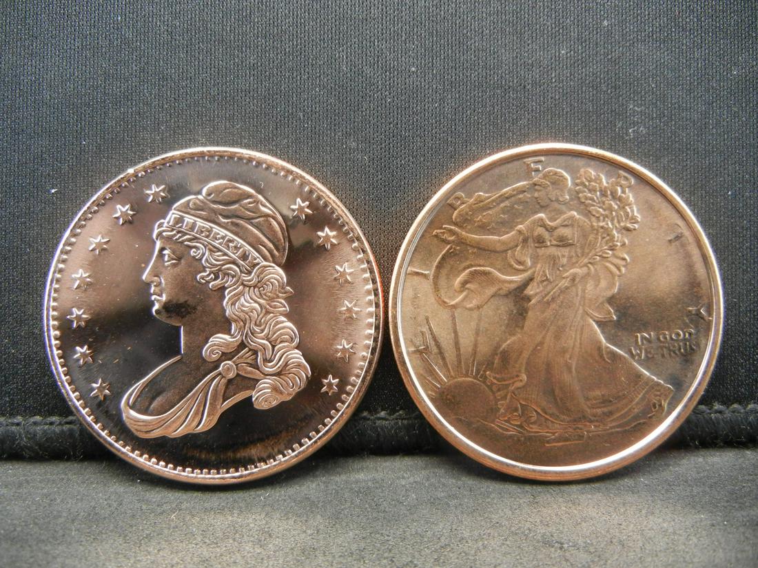 (2) COPPER (.999) 1 OUNCE ROUNDS (LIBERTY & BUST HALF), (1 of 2)