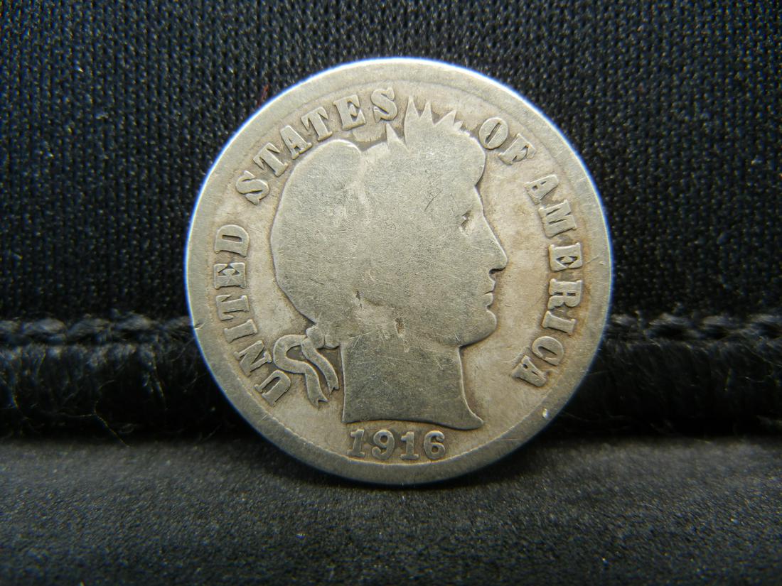 1916 SILVER BARBER (90%) DIME, LAST YEAR, (ONLY 18.5 (1 of 2)