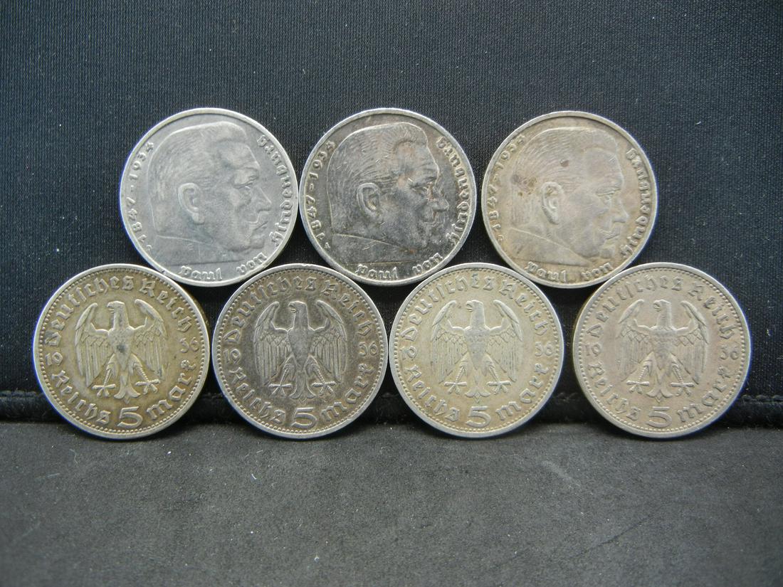 (7) Silver 5 Reichsmark German Coins Various Dates (1 of 3)
