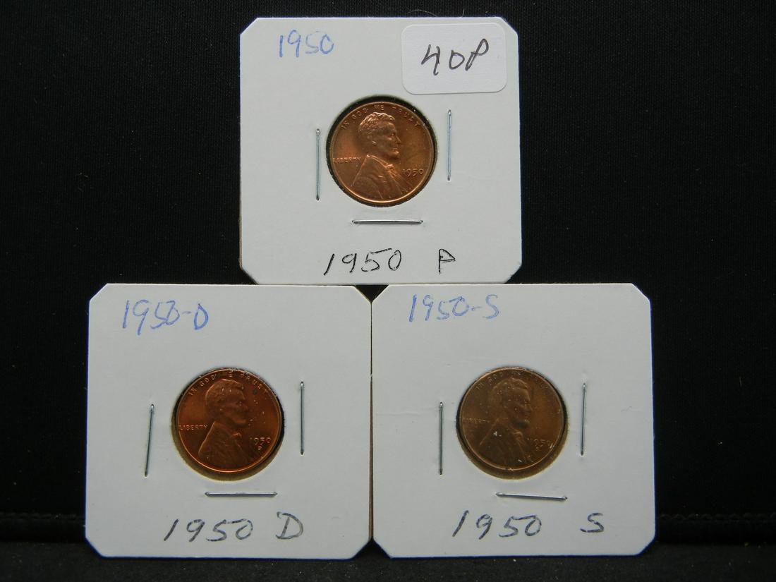 1950 PDS BU Lincoln Wheat Cents Three Coins (1 of 5)