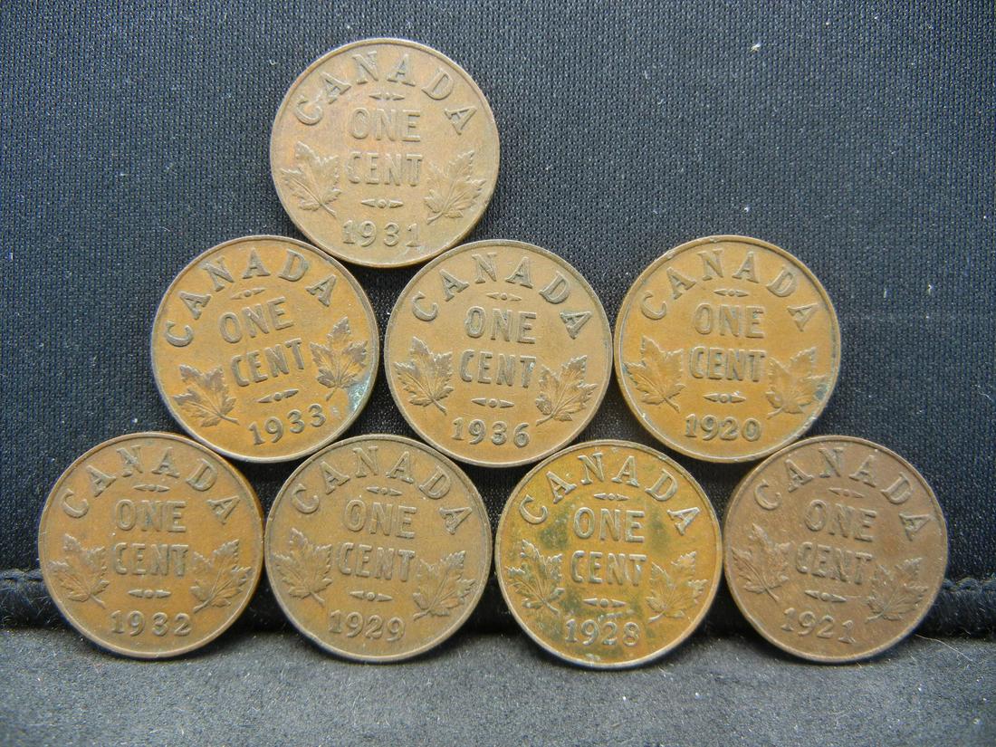 8 George V Canadian Cents.  1920 1921 1928 1929 1931 (1 of 2)