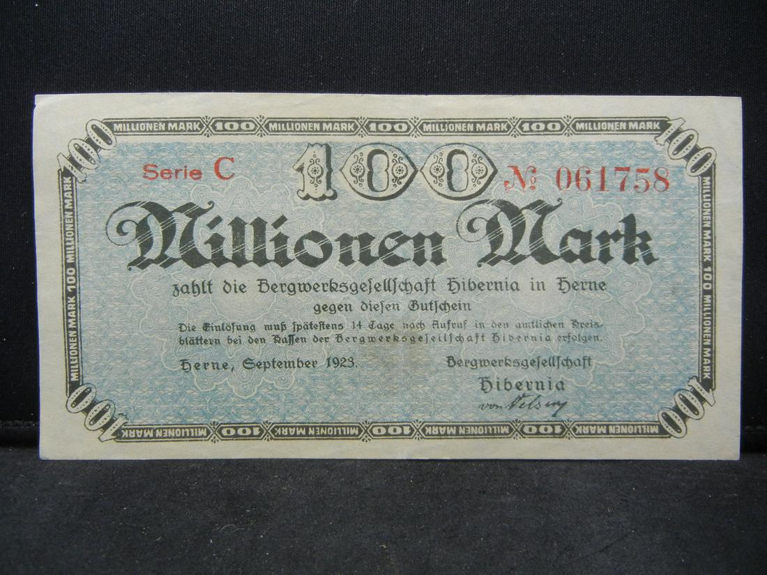 1923 Germany 100 Million Marks Bank Note.  Serial # (1 of 3)