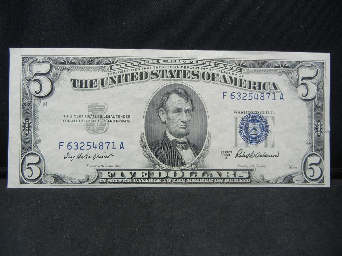 1953-A $5 Blue Seal Silver Certificate.  Serial # (1 of 3)