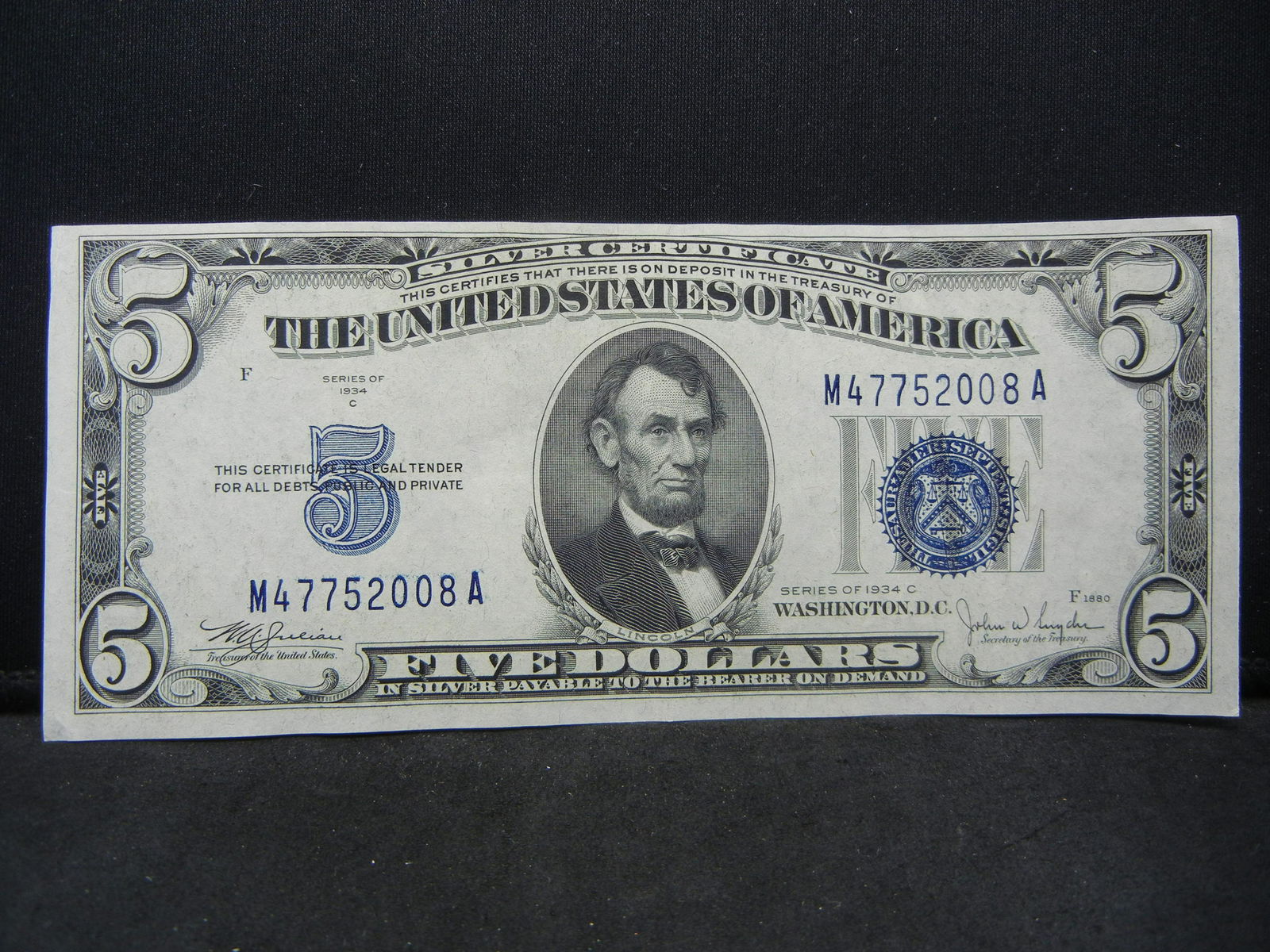 1934-C $5.00 Blue Seal Nice Shape. Higher Grade (1 of 3)