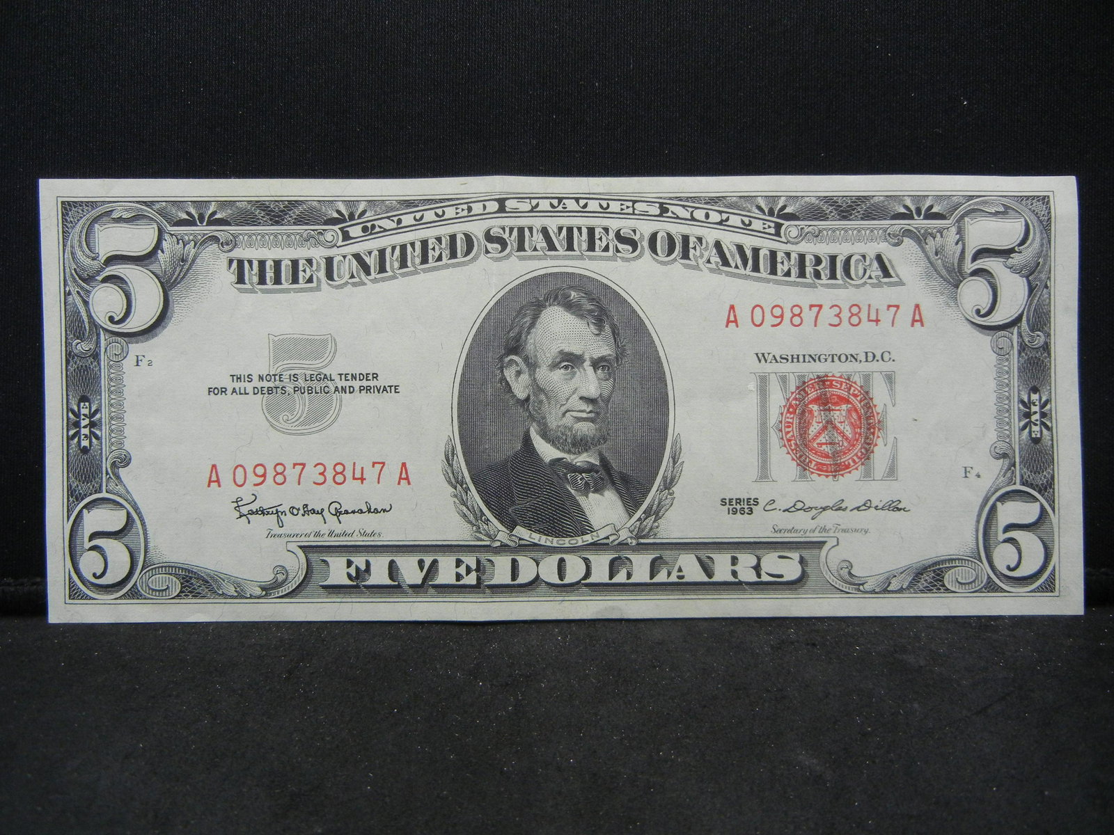 1963 $5 Low Serial Number Red Seal Bank Note (1 of 3)
