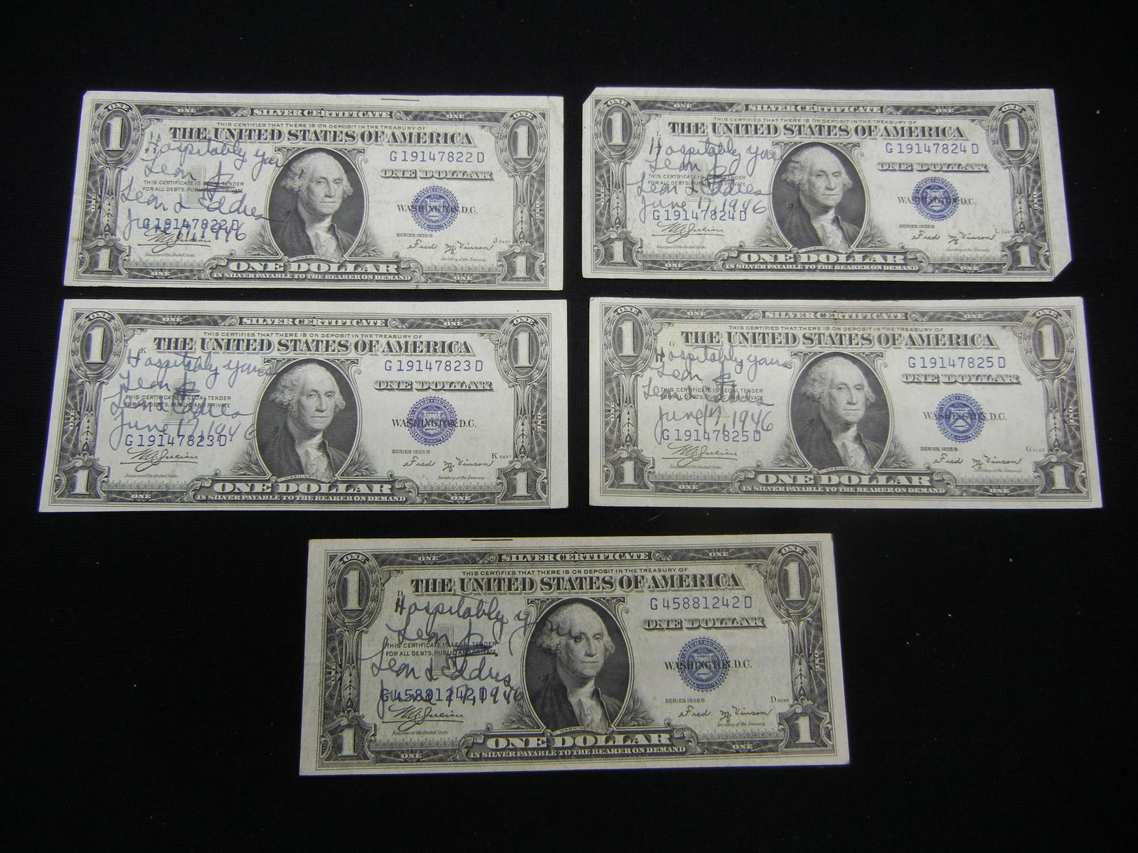 5 1935 B One Dollar Silver Certificates With Writing (1 of 5)