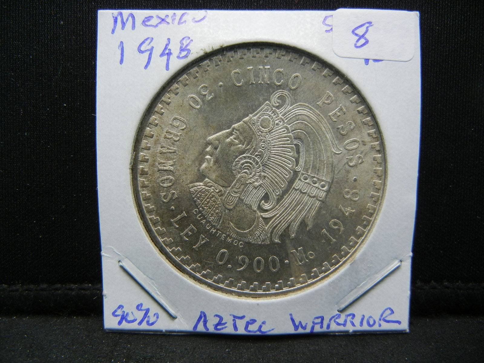 1948 Mexico 5 Pesos with Mayan Warrior. Large 90%: 1948 Mexico 5 Pesos with Mayan Warrior. Large 90% silver coin. Choice BU.