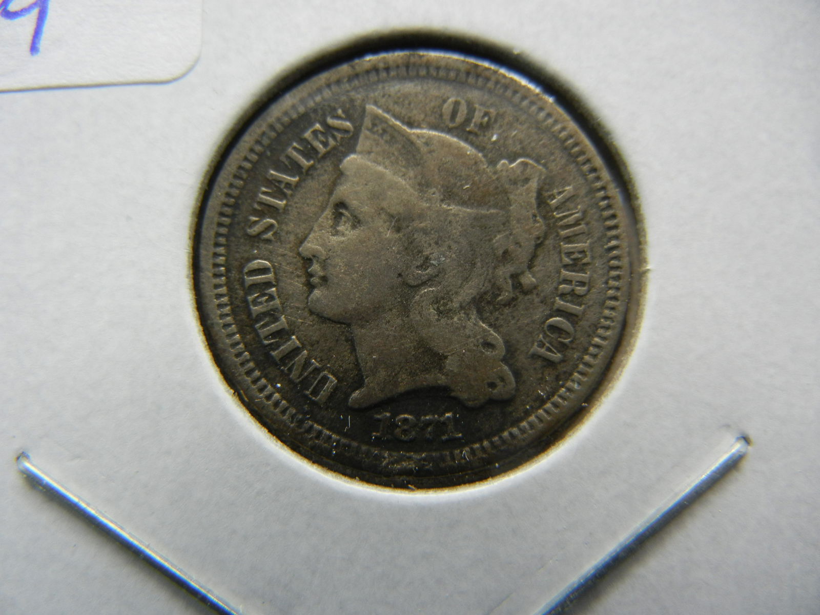 1871 Three Cent Nickel.  Scarce Date.  Very Fine (1 of 3)