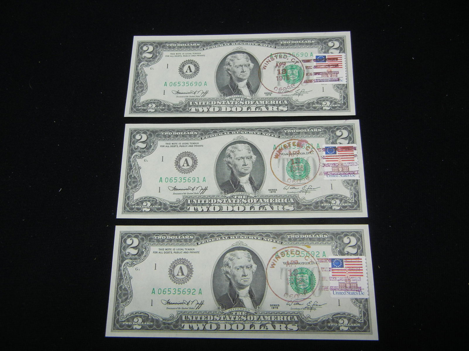 (3) 1976 $2 Notes.  Consecutive Serial #s.  First Day (1 of 5)