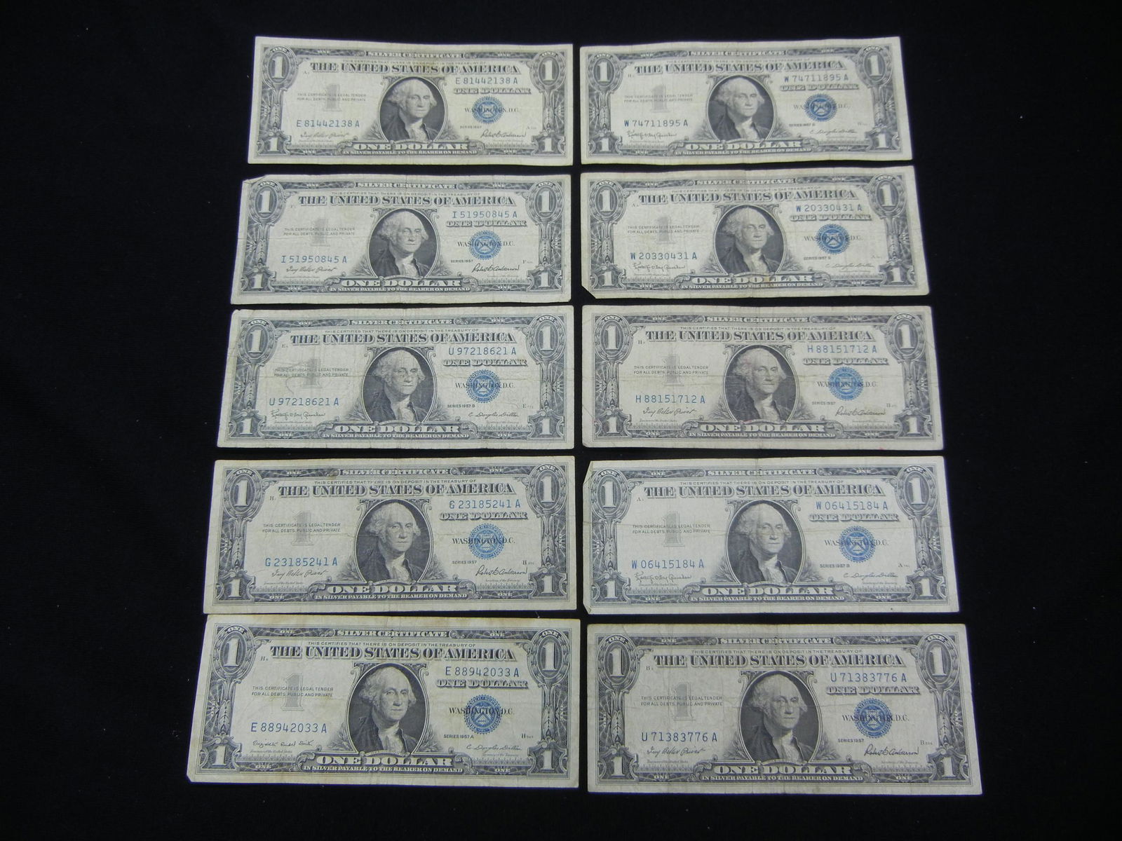 (10) 1957 One Dollar Silver Certificates (1 of 5)