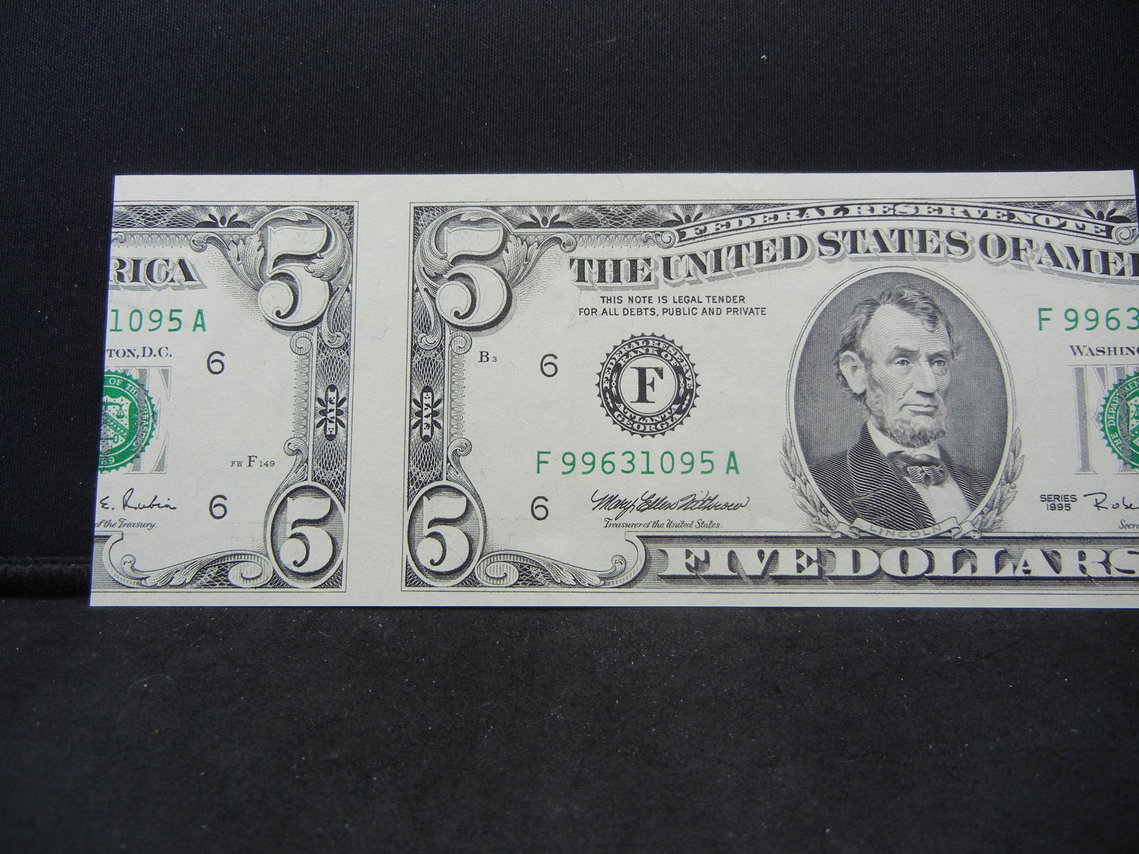 Miscut $5.00 US Federal Reserve Note. 1995 (1 of 3)