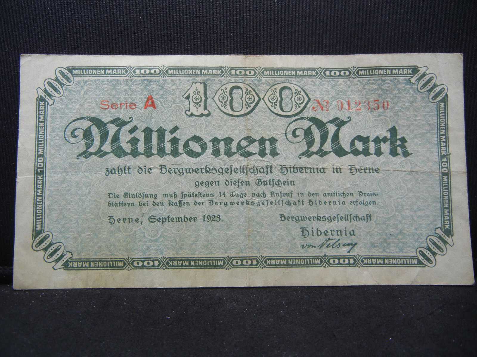 1923 Germany 100 Million Marks Bank Note.  Serial # (1 of 3)