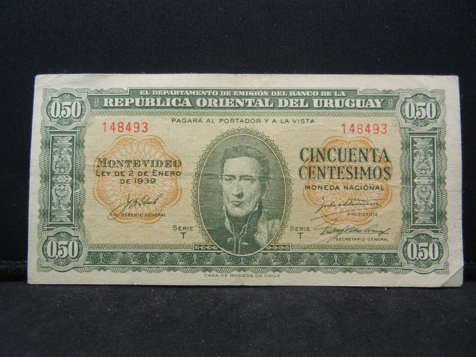 1939 Uruguay 50 Centesimos Bank Note.  Serial # 148493 (1 of 3)