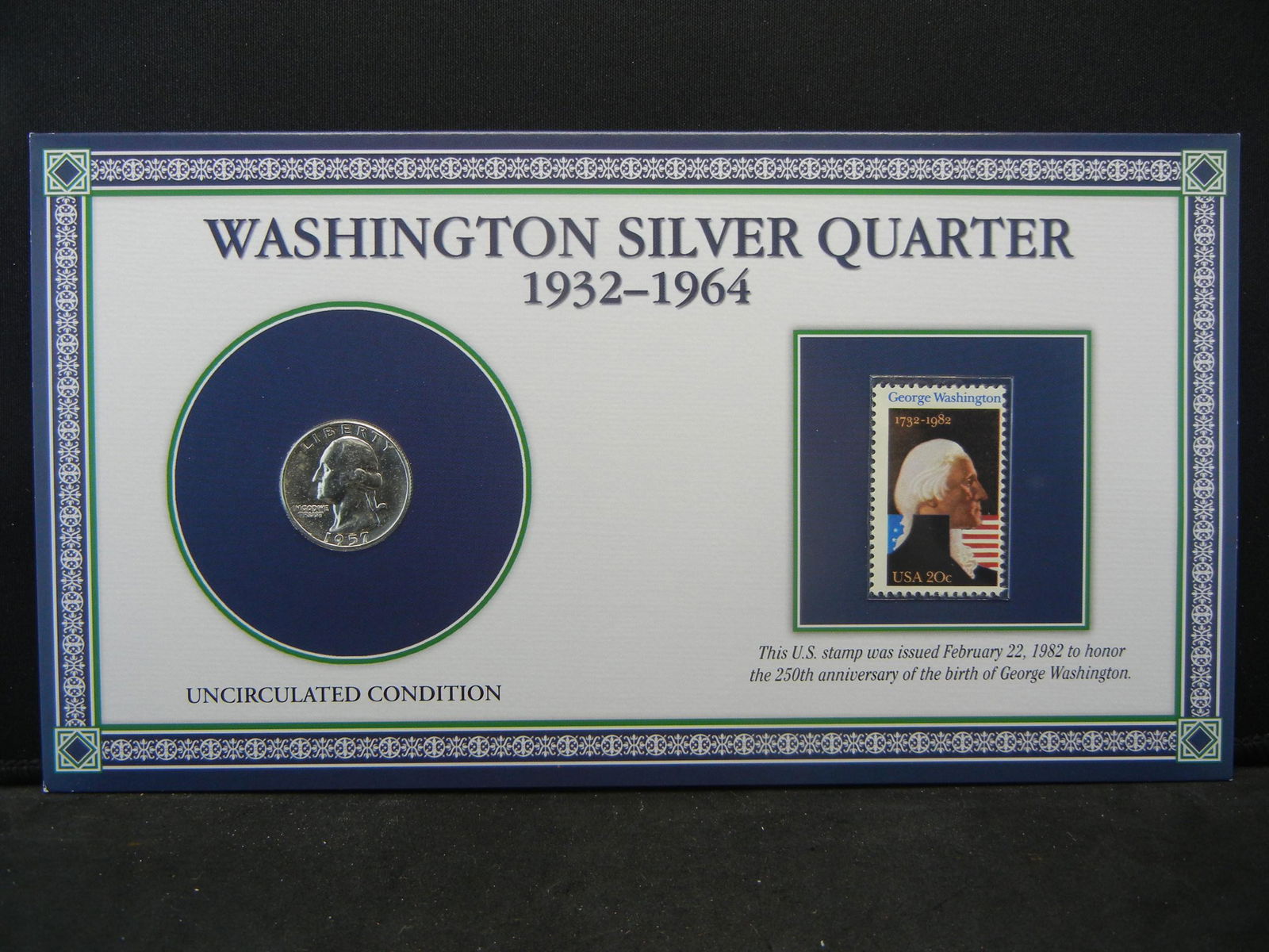 1957-D Washington Quarter BU with 1982 Washington Stamp (1 of 5)