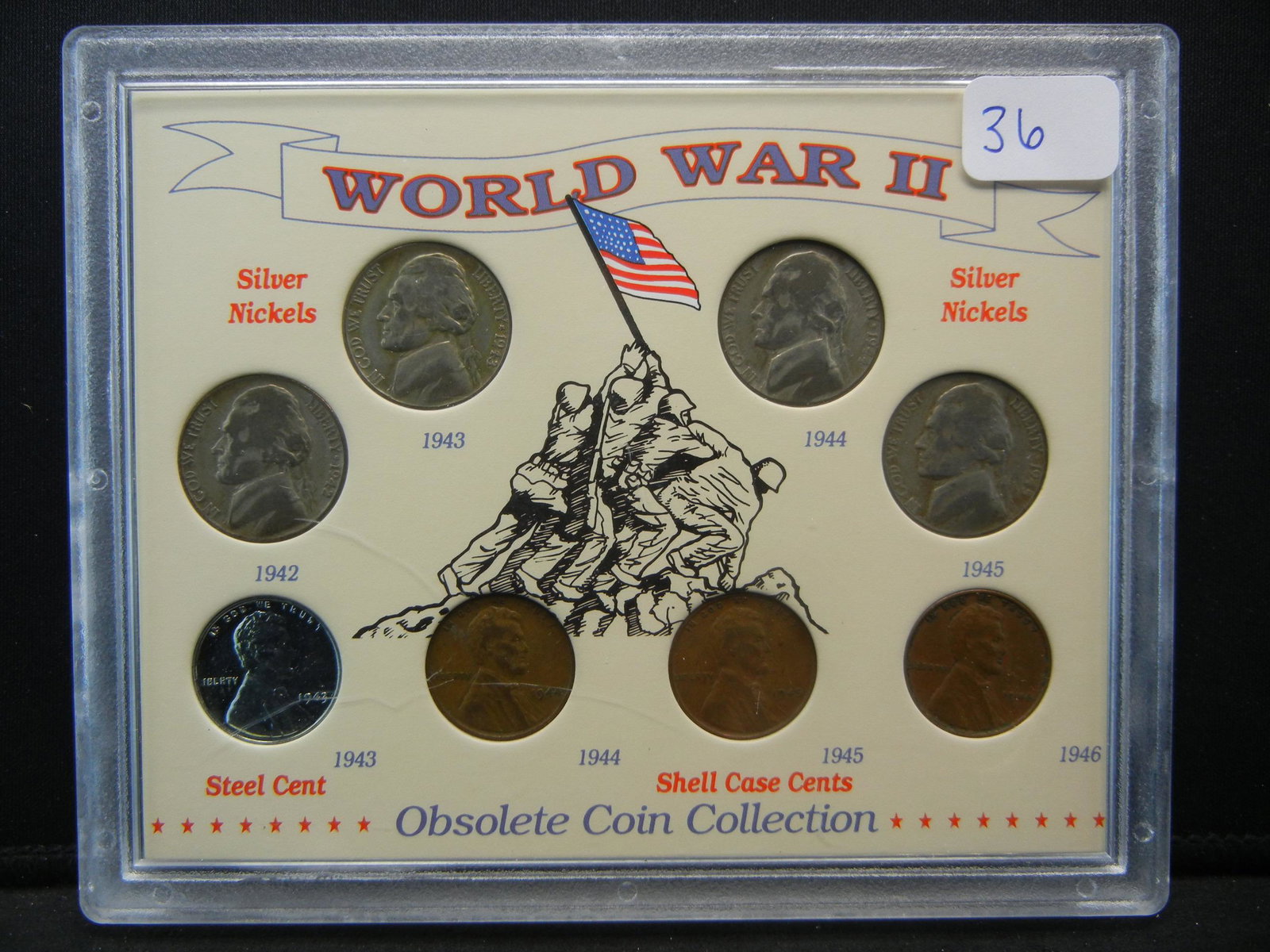 WWII Obsolete Coin Collection w/ four Silver Nickels,: WWII Obsolete Coin Collection w/ four Silver Nickels, one Steel cent, three Shell Case Cents