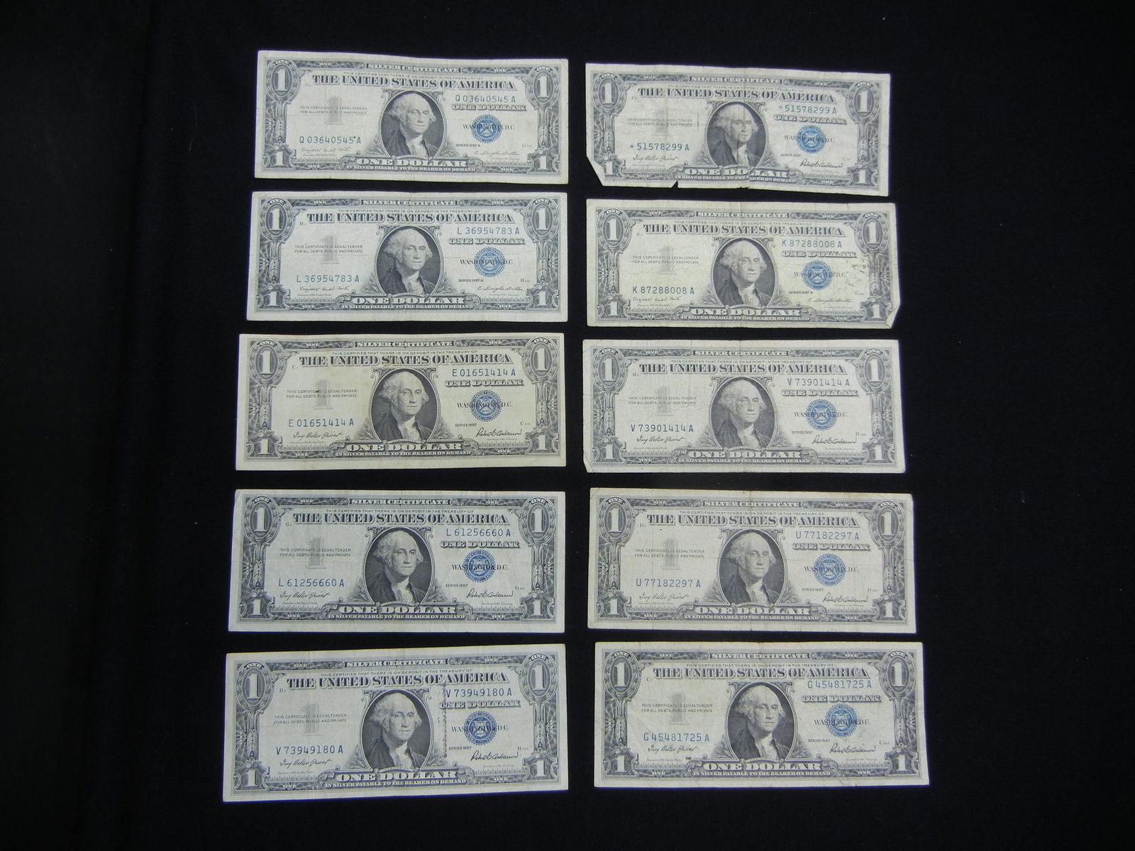 10 1957 One Dollar Silver Certificates (1 of 8)