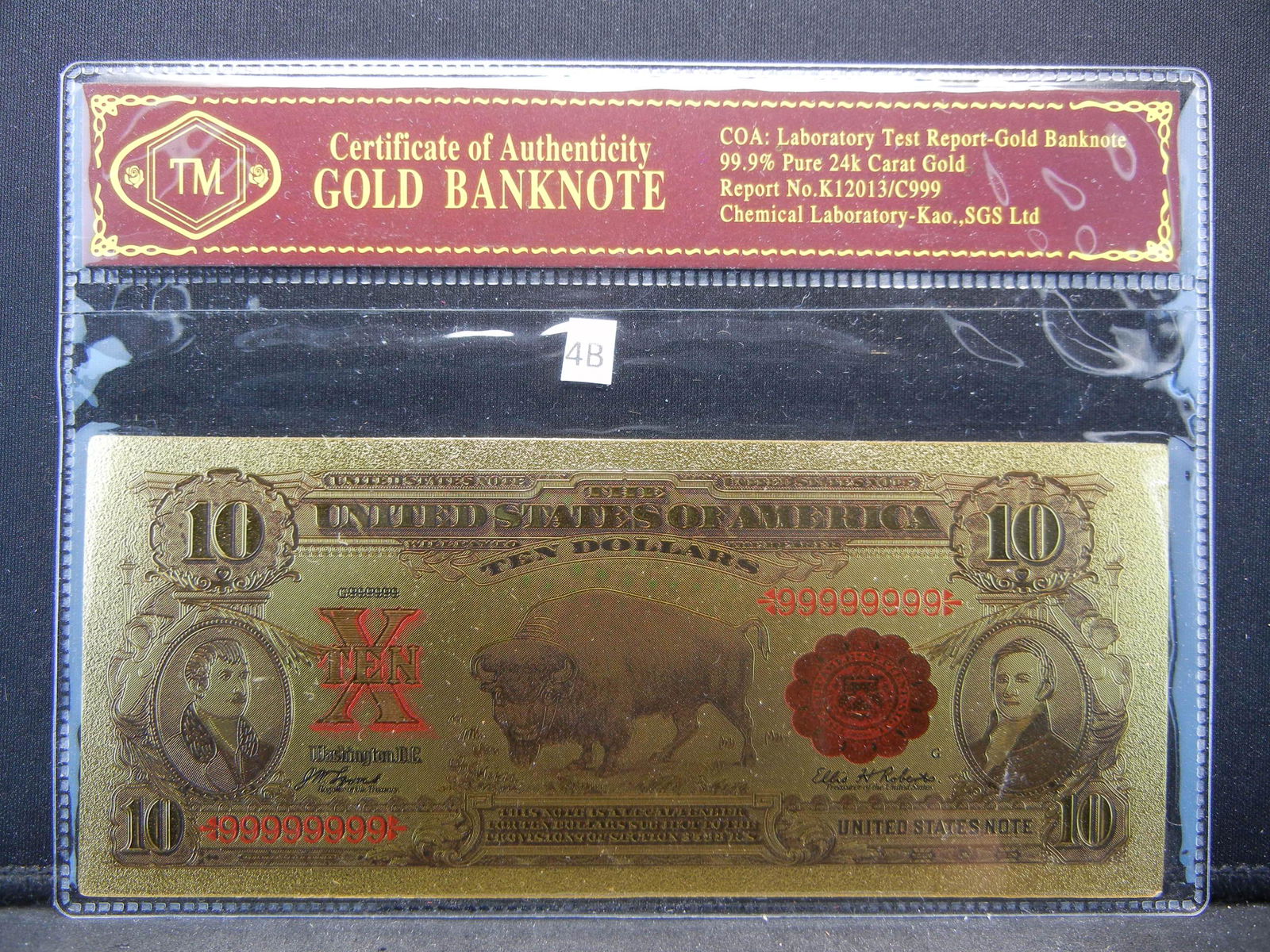 Gold Bank Note w/COA. One Dollar 0 Bison. (1 of 4)
