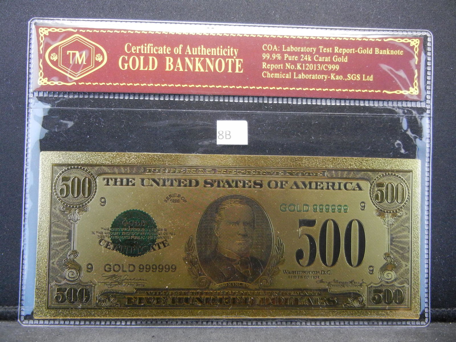 Gold Bank Note w/COA. $500. (1 of 4)