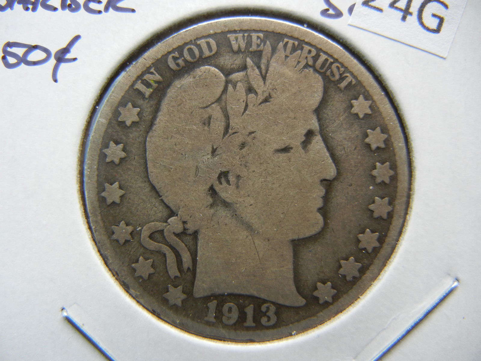 1913-S Barber Half Dollar . Good+. Scarce. (1 of 3)
