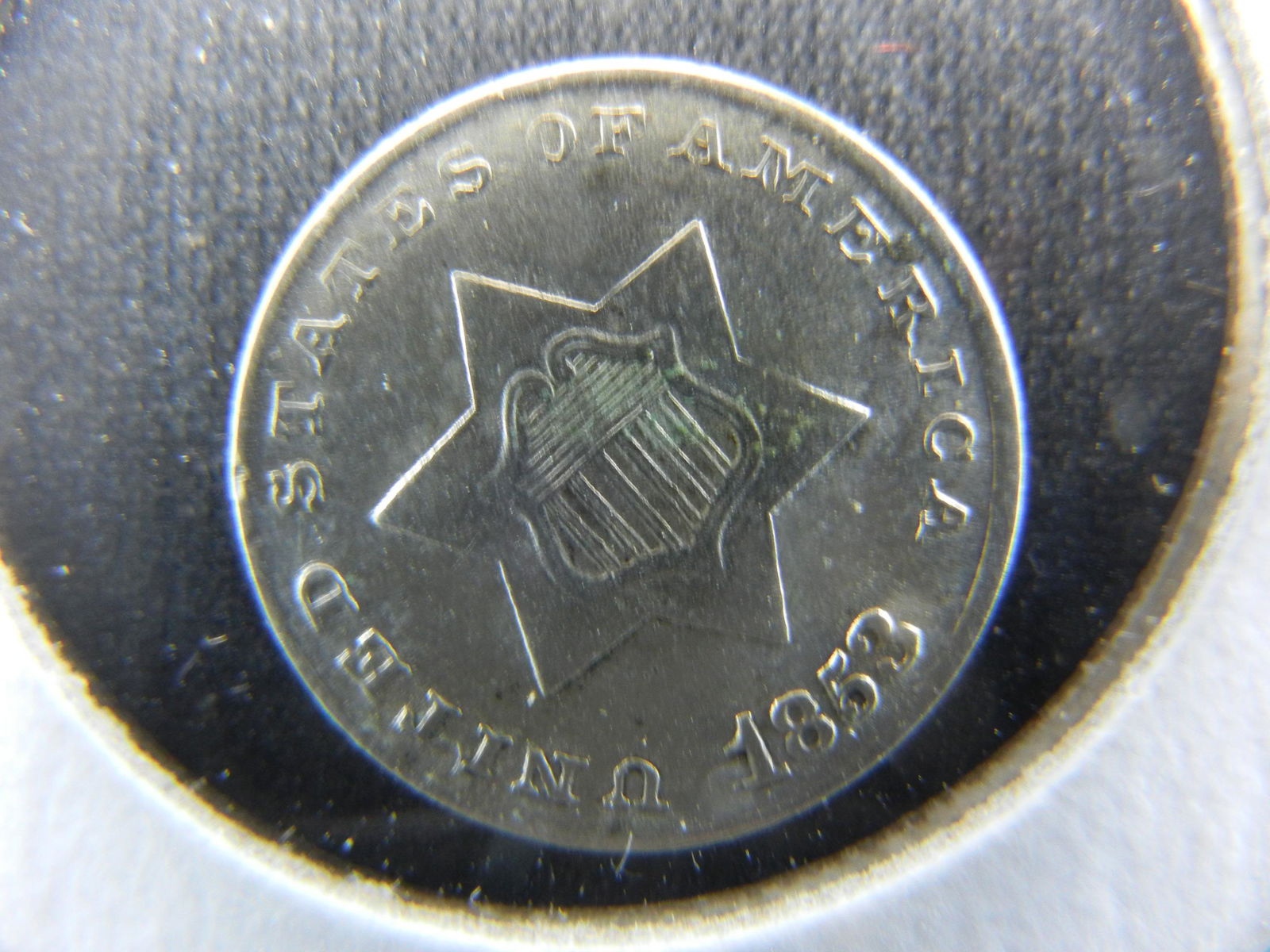 1853 Three Cent Silver.  Almost Uncirculated. (1 of 3)