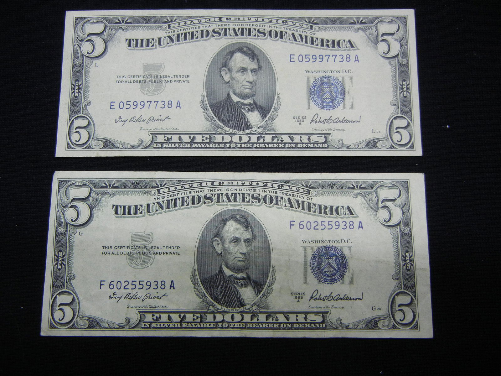 (2)1953 $5.00 Blue Seal Notes (1 of 5)