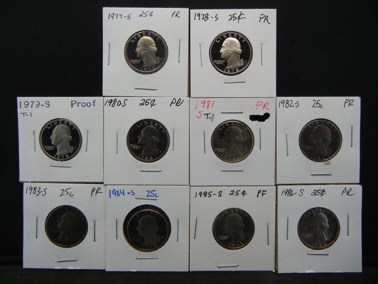 10 Proof Washington Quarters. 1977-1986. In 2x2's. (1 of 7)