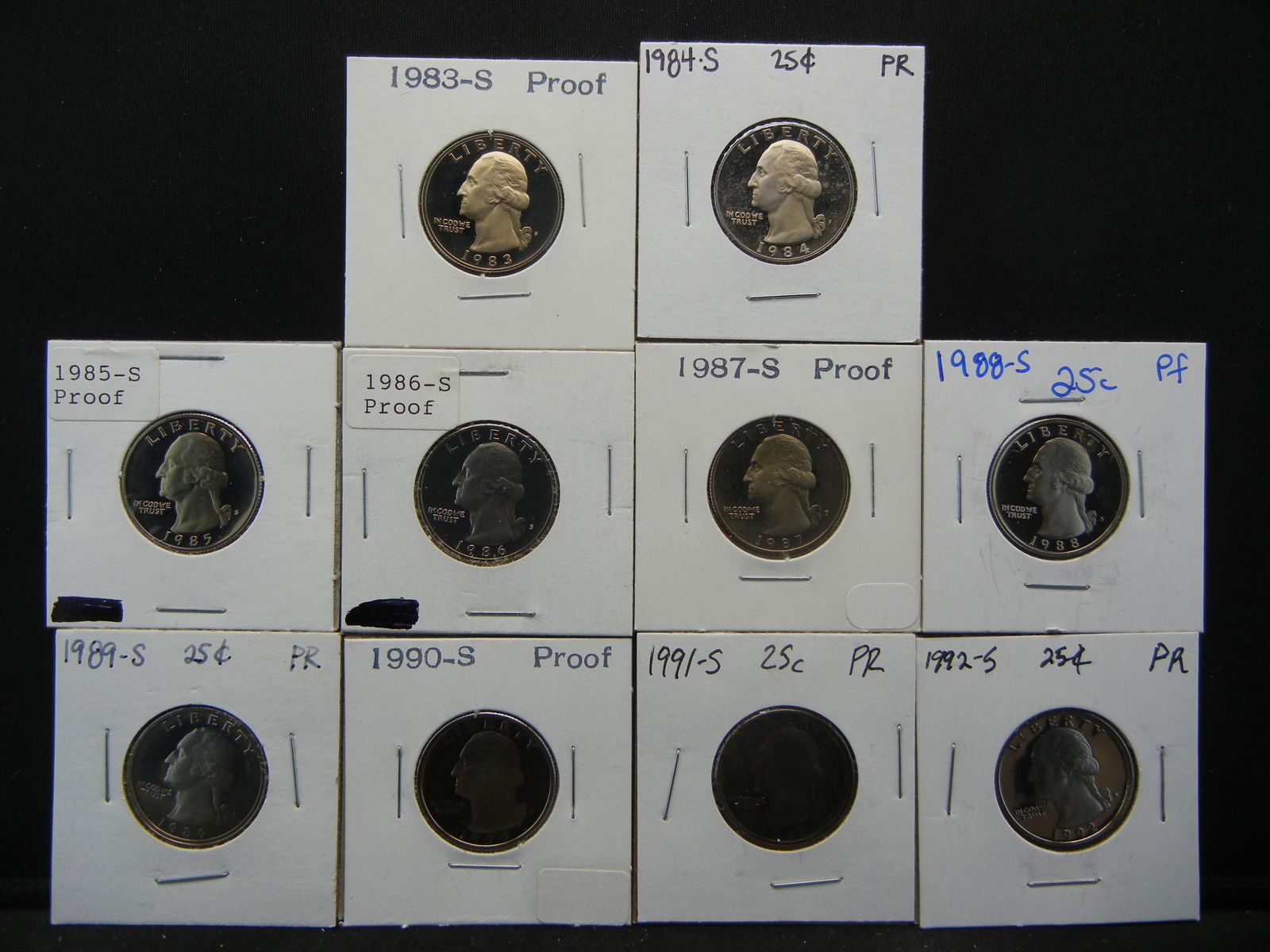 10 Proof Washington Quarters. 1983-1992. In 2x2's. (1 of 7)
