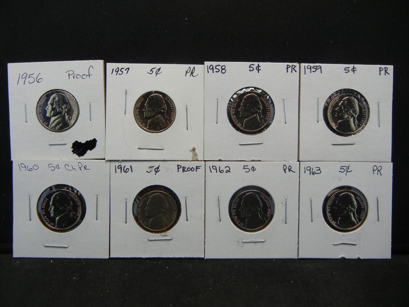 8 Proof Jefferson Nickel. 1956-1963. In 2x2's. (1 of 5)