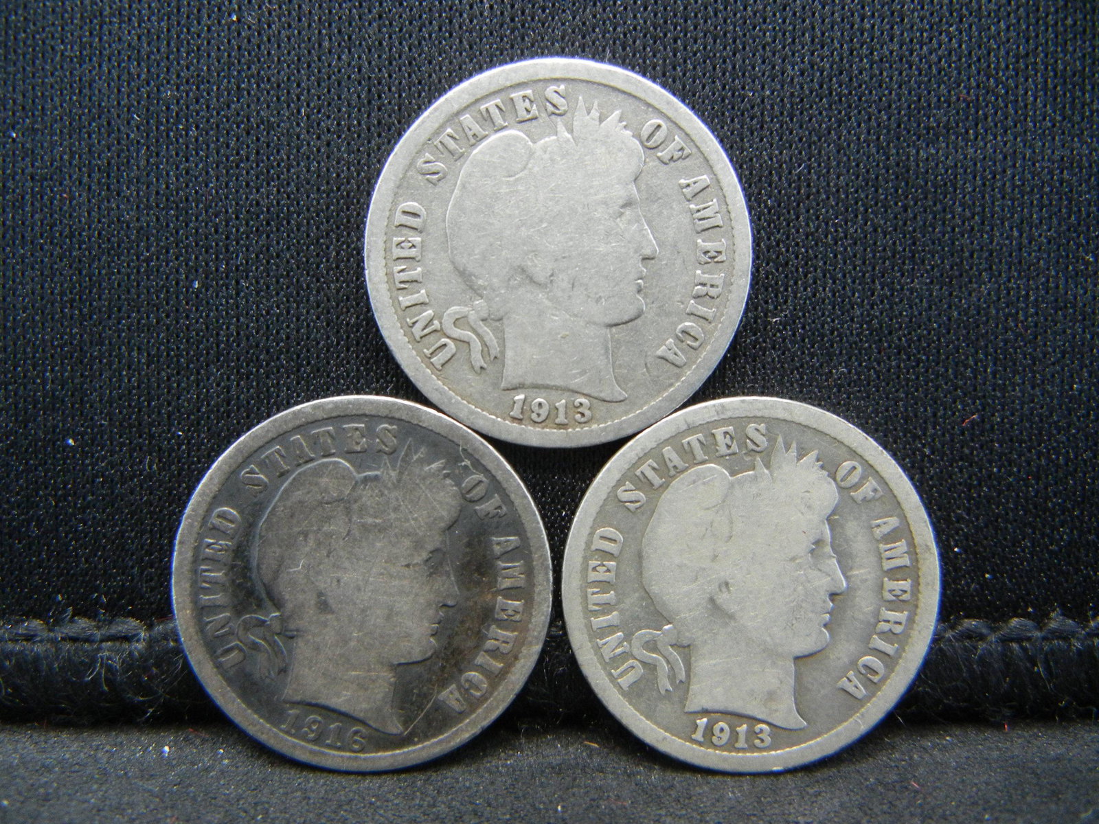(3) SILVER BARBER (90%) DIMES, (1913, 1913 & 1916), (1 of 2)