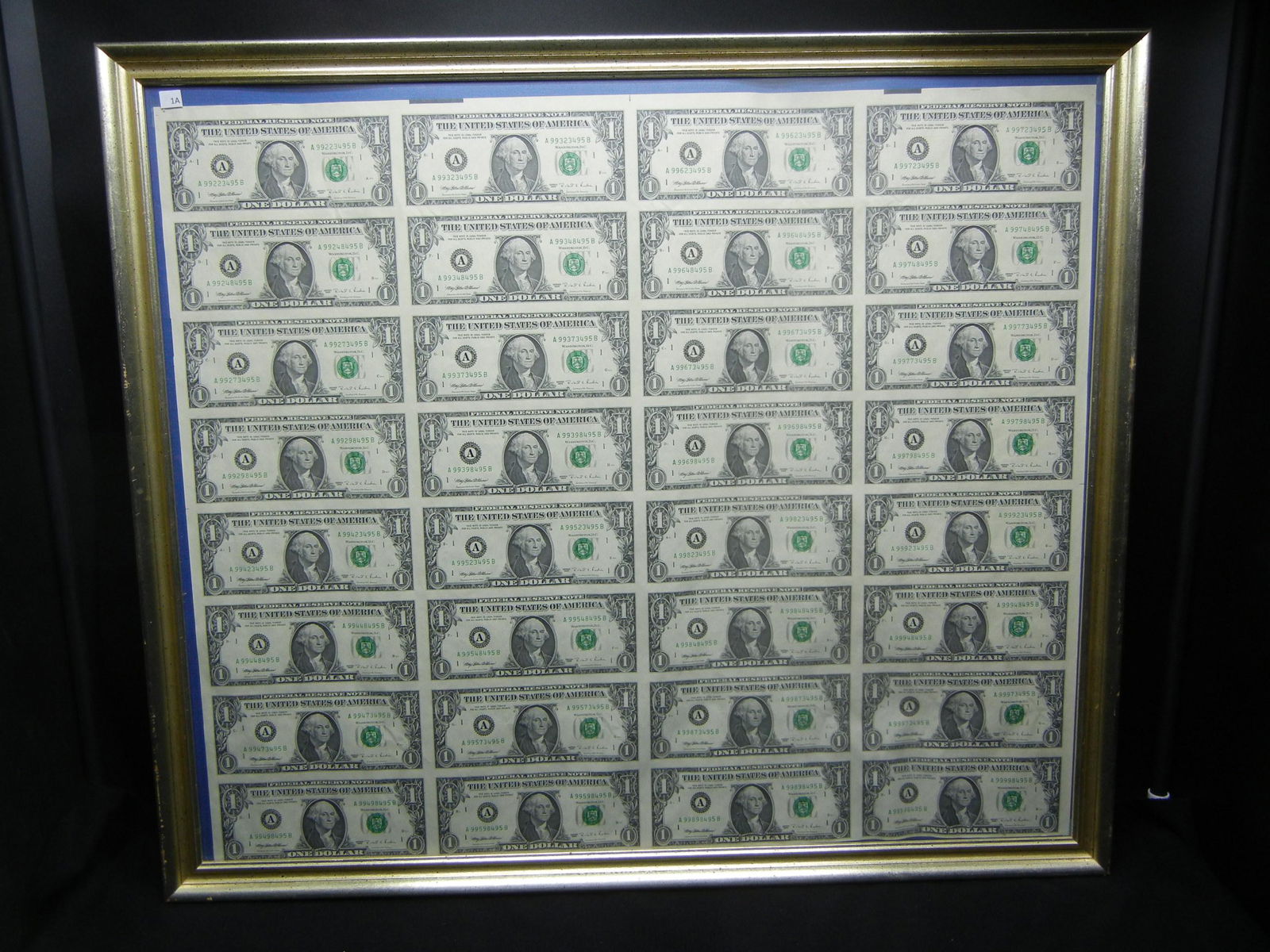 (32) Uncut 1995 $1 Us Bank Notes. Framed 23 1/4 x 27 (1 of 6)