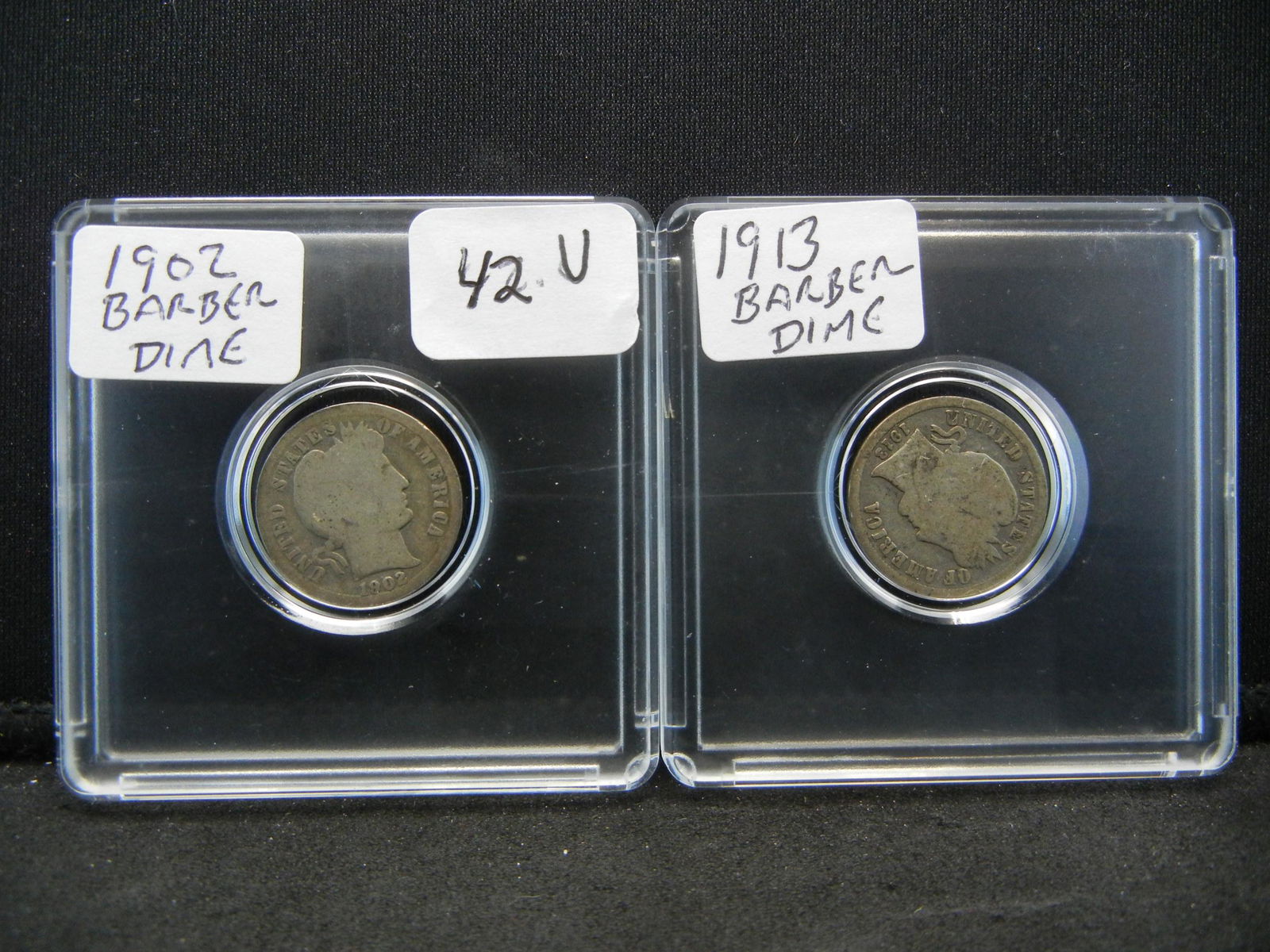 1902 and 1913 Silver Barber Dimes, in Plastic Holders (1 of 6)