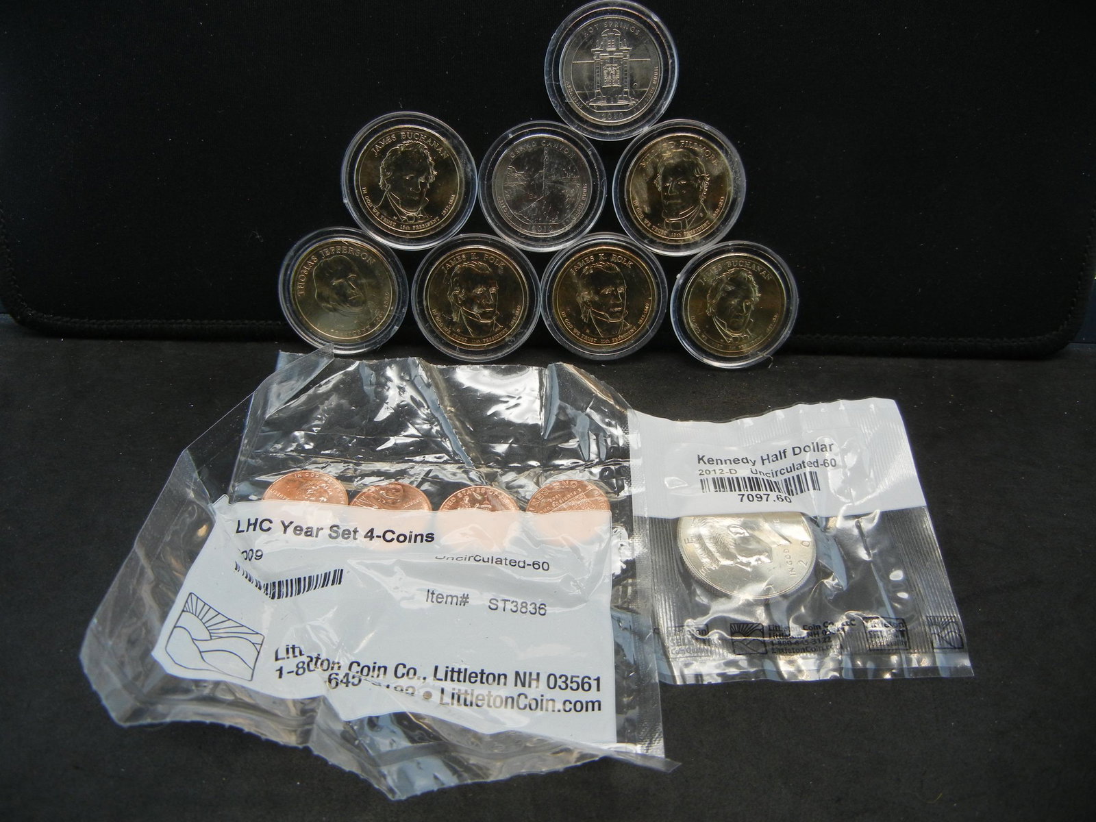 Bag of BU Presidential Dollars, Halves and 2009 type: Bag of BU Presidential Dollars, Halves and 2009 type cents.