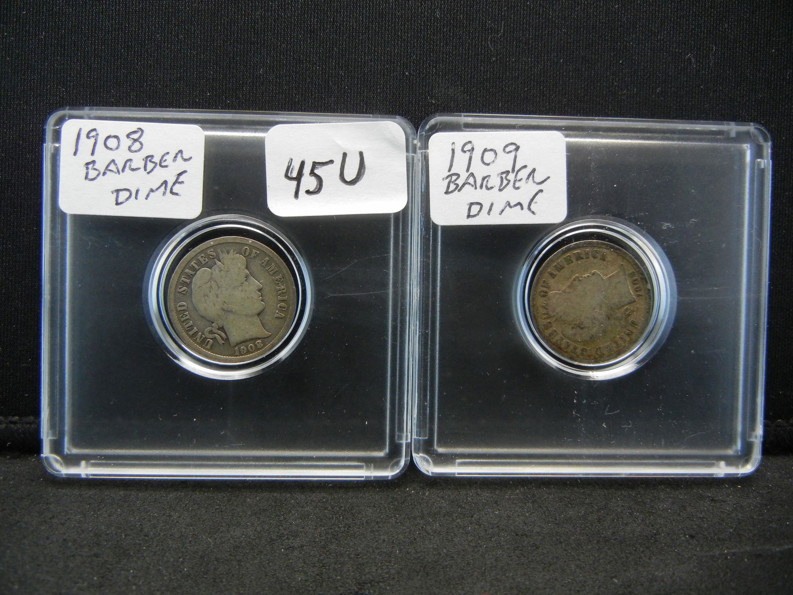 1909, 1908 Silver Barber Dimes in Nice Shape in Plastic (1 of 6)